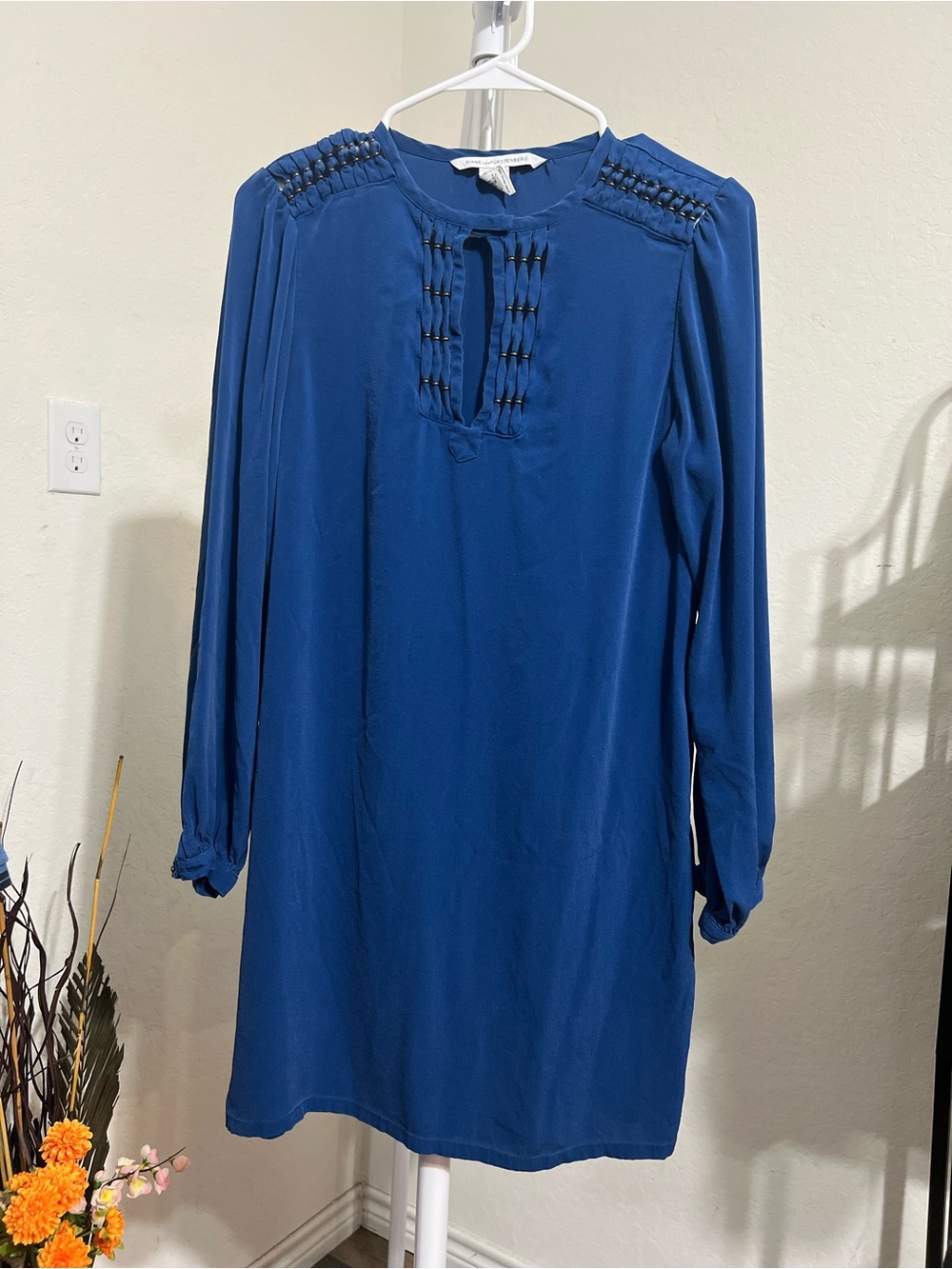 Diane Von Furstenberg Royal Blue Long-Sleeve Shift Dress with Beaded Yoke